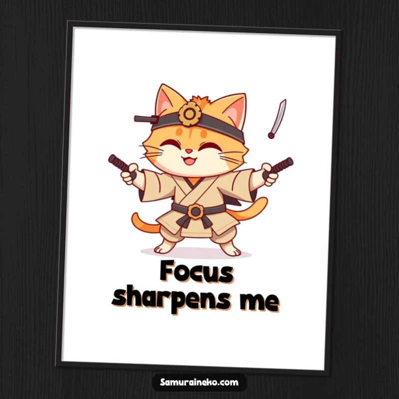 Funny cat samurai digital art print of a smiling cat warrior juggling miniature katanas, offering a humorous and artistic visual.