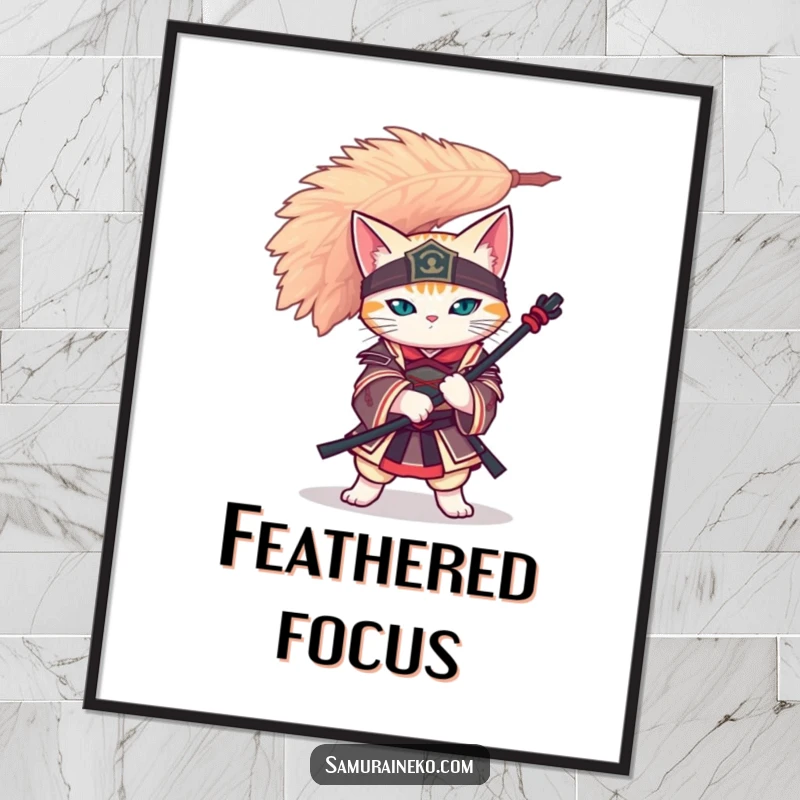 Funny cat samurai perfectly balancing a giant feather on its head, available as a high-resolution digital art print.