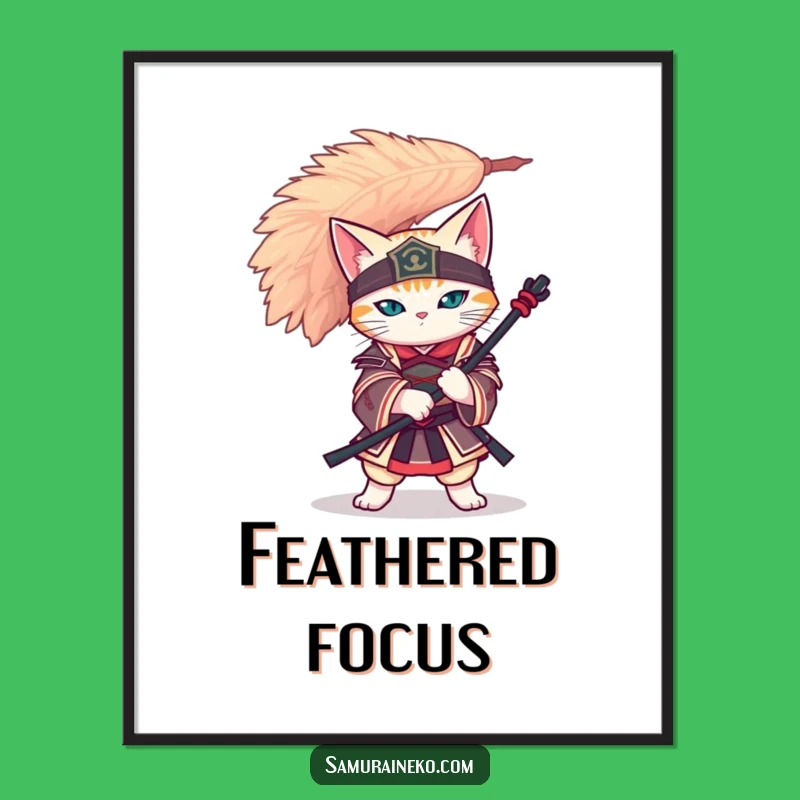 Funny Cat Samurai Digital Print - Feather Balance Zen Download