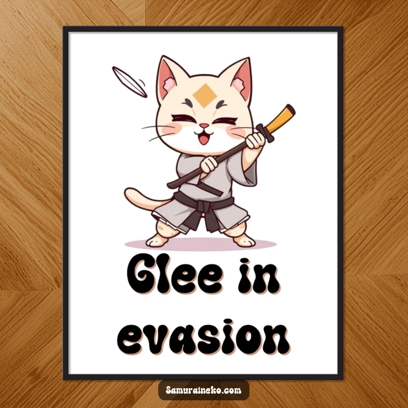 Funny cat samurai character gleefully dodging a shuriken, an instantly downloadable piece of dynamic and humorous art.