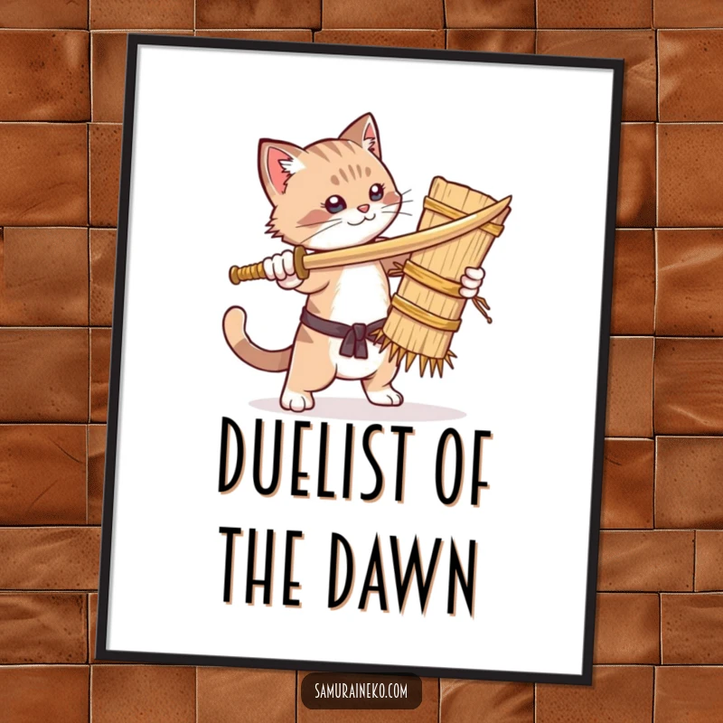 Funny digital art print capturing a cat in a hilarious sword fight against a straw dummy, offering instant downloadable comedic wall decor.