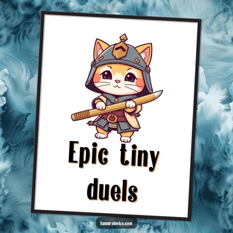 Funny cat character in a miniature helmet wielding a bamboo sword, available as a high-resolution digital art print.