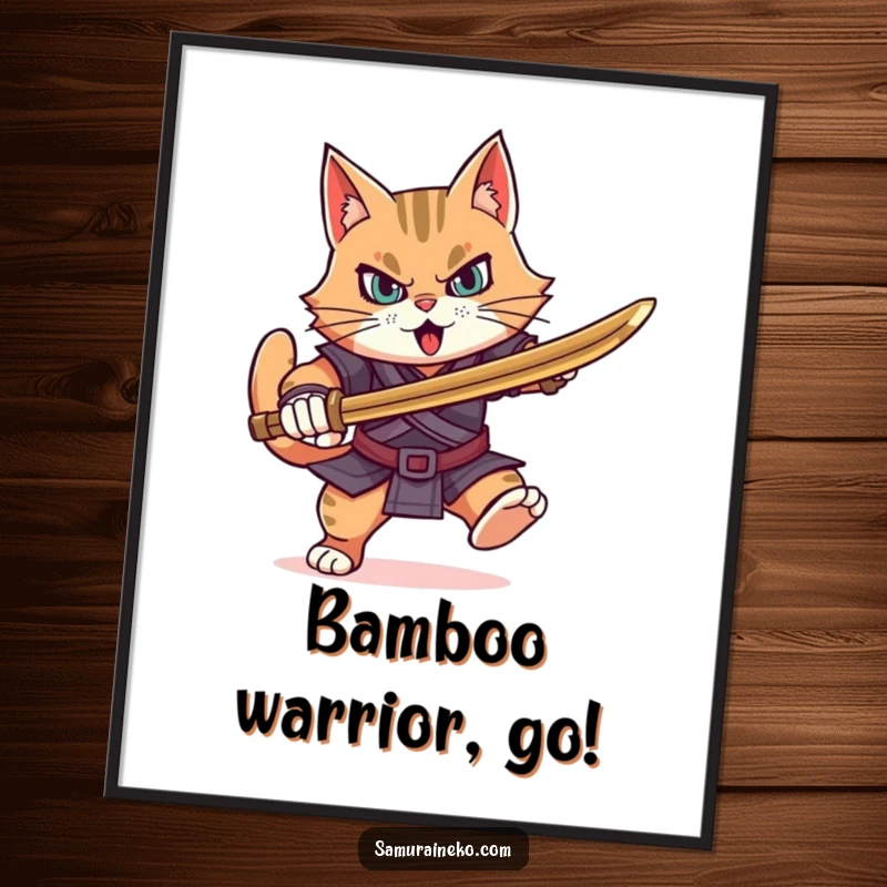 Funny determined cat warrior charging forward with a bamboo sword, an instantly downloadable piece of motivational art.