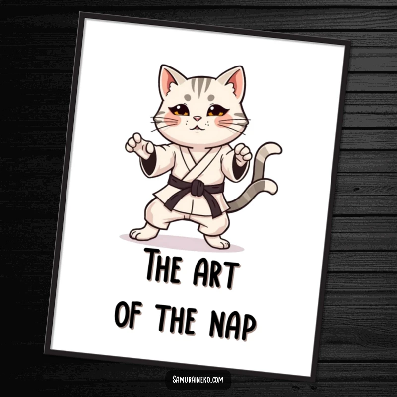 Funny digital art print of a cat in a karate pose with a determined expression and a happy, wagging tail, humorous decor.