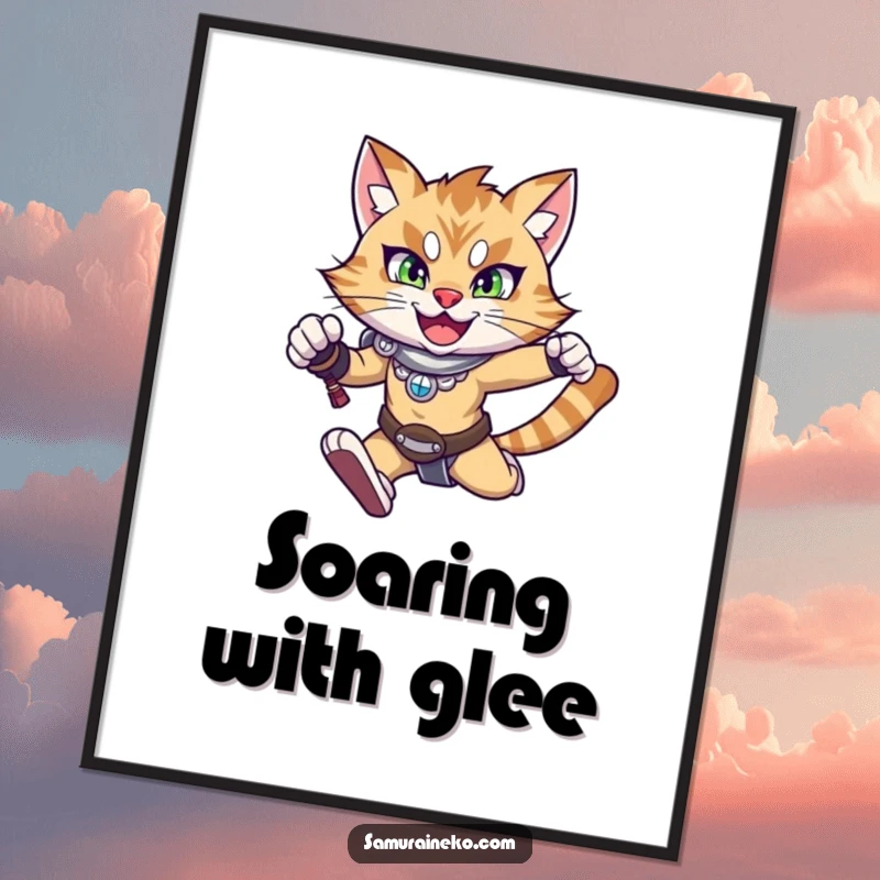 Funny digital art print of a happy warrior cat mid-leap with a determined expression, humorous and dynamic wall decor, instant download.