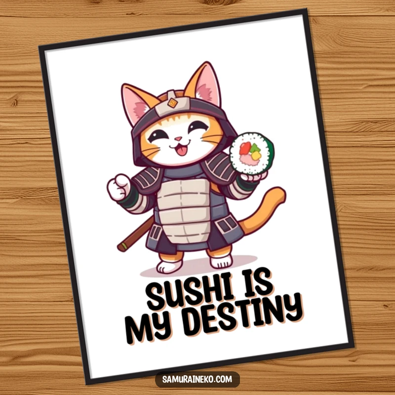 Funny digital art print of a samurai cat cheerfully holding a sushi roll, humorous and artistic wall decor, instant download.