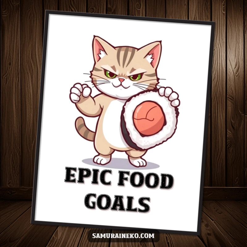 Funny digital art print of a fierce yet cute kitty striking a dramatic pose with a comically oversized sushi roll, for instant wall decor.