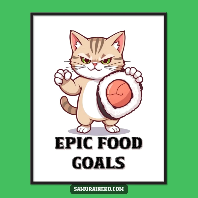 Funny Dramatic Kitty Sushi Digital Art: Fierce Feline Print for Instant Humorous Decor