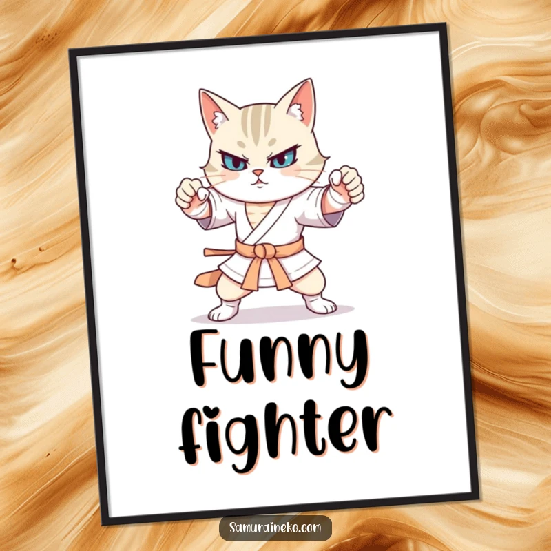 Funny cat warrior in exaggerated, silly martial arts stances, captured in a digital art print for humorous decor.