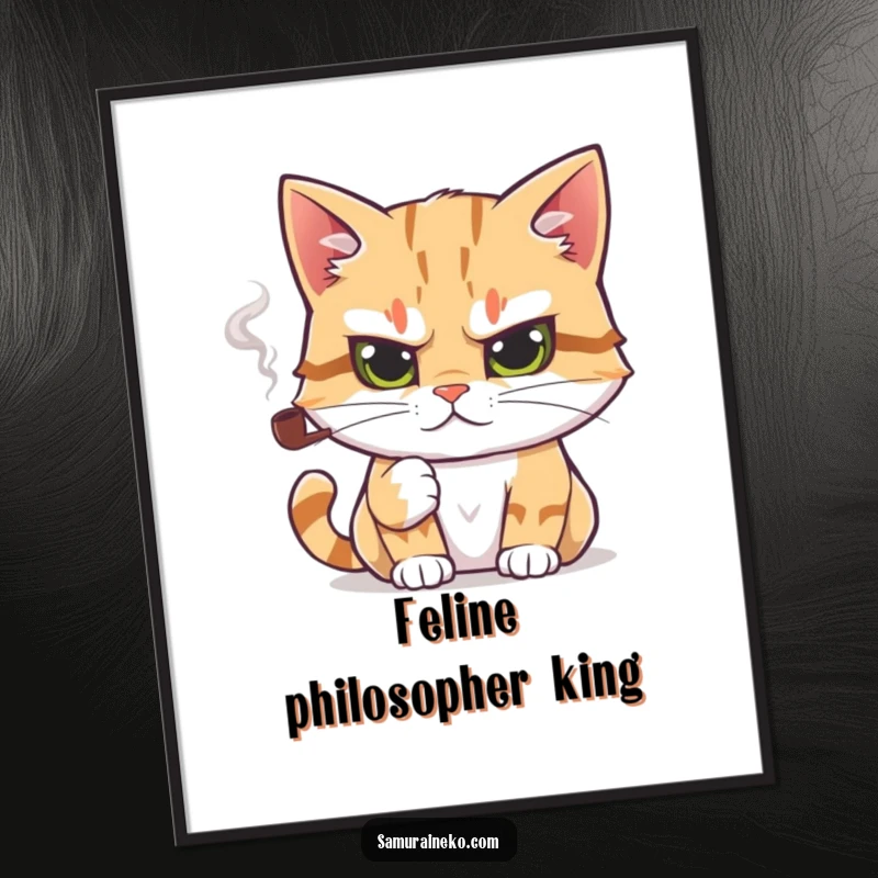 Funny digital art print of a cat with a determined gaze, holding a tiny smoking pipe, offering instant humorous decor with feline wisdom.
