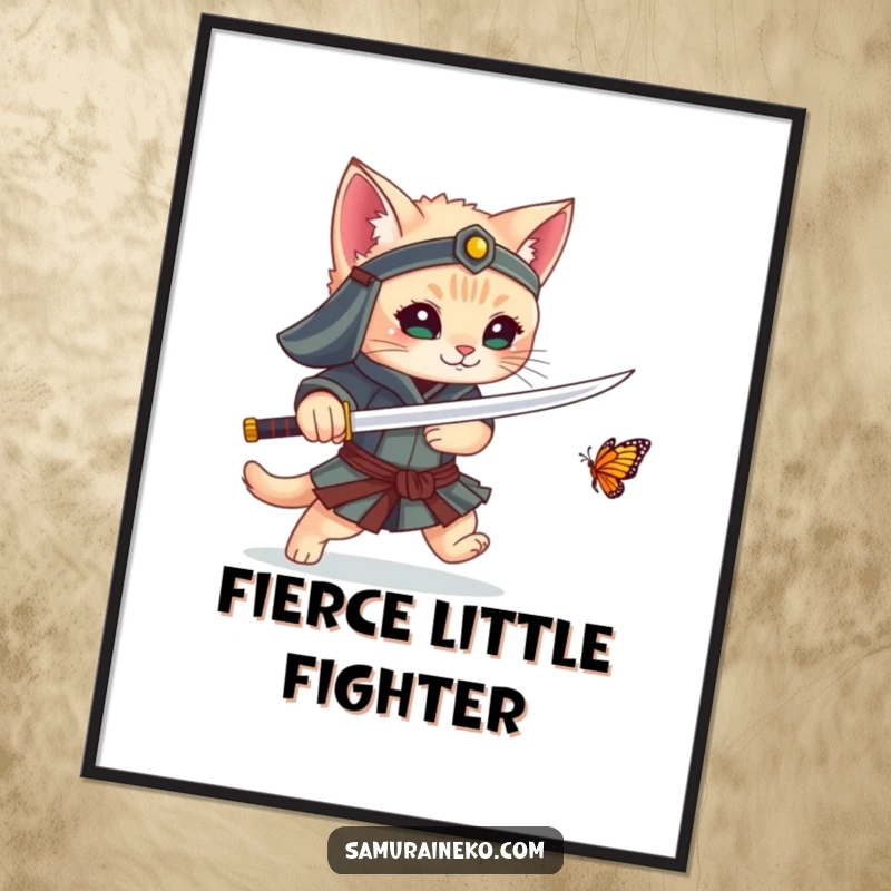 Funny digital art print of a kitten samurai playfully chasing a butterfly with its sword, a humorous and charming artwork.