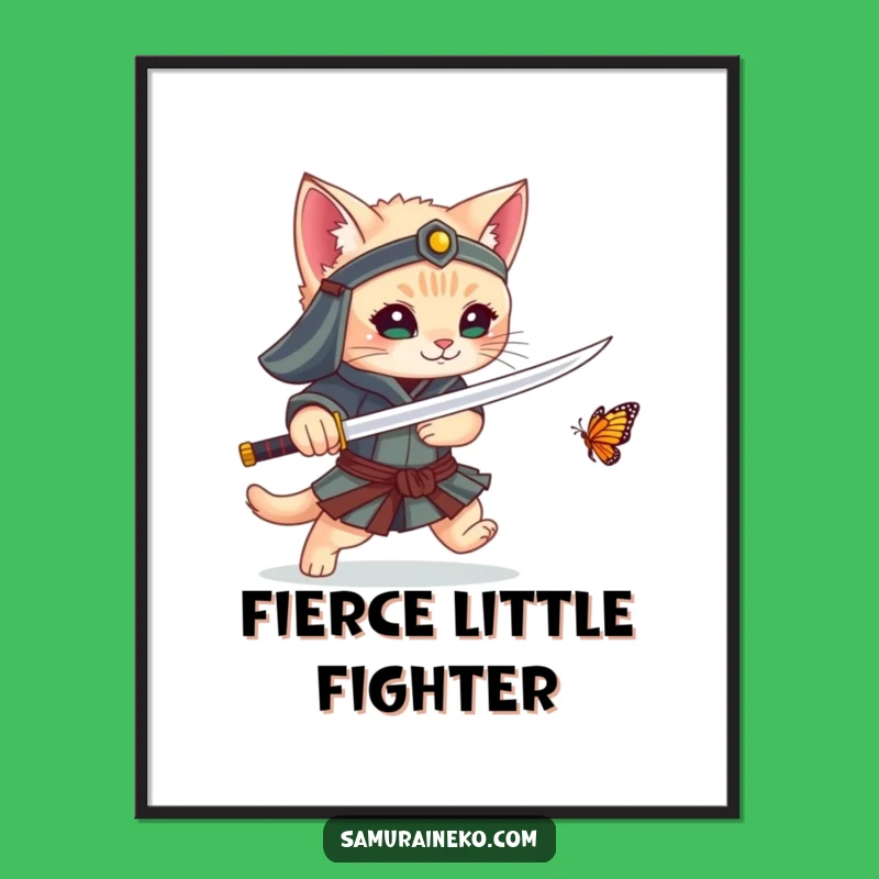 Funny Kitten Samurai Digital Art: Adorable Warrior's Butterfly Chase Print