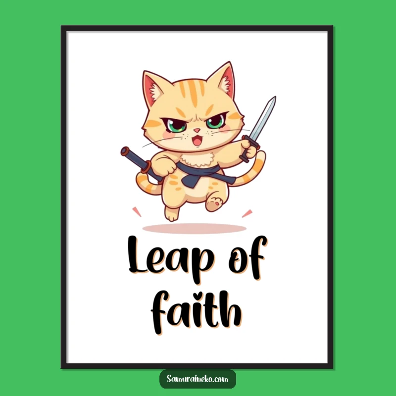 Funny Leaping Cat Digital Art - Tiny Sword Warrior Print - Instant Action Gift