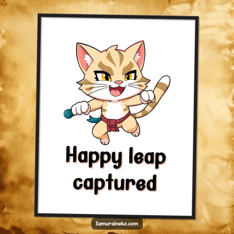 Funny Leaping Cat Digital Art Print: An artistic rendering of a determined and happy cat warrior mid-leap, perfect for humorous decor.