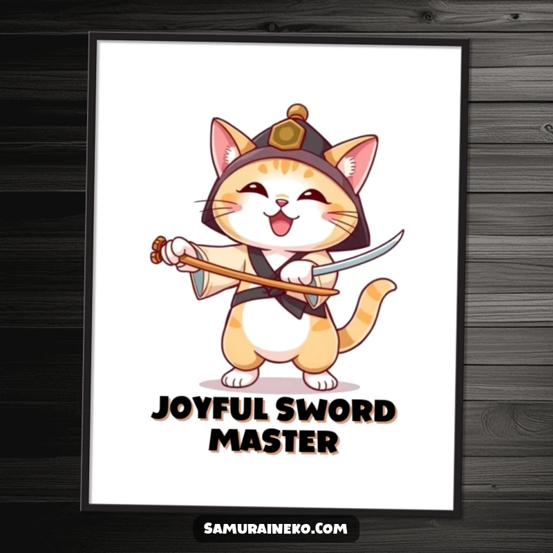 Funny digital art print of a cat in a ronin hat practicing sword forms with a joyful expression, embodying serene skill.