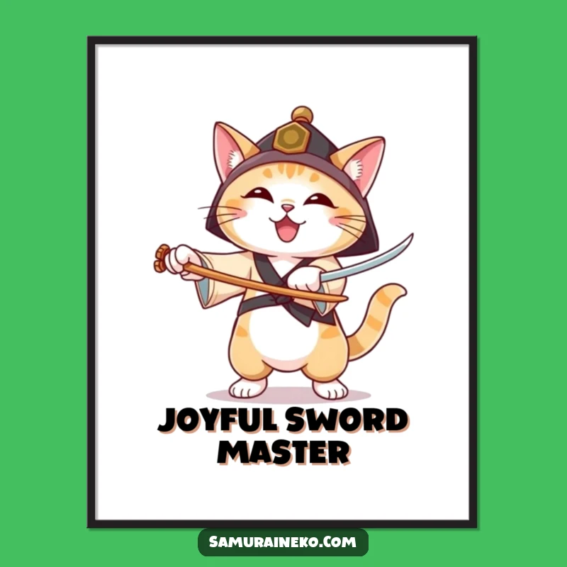 Funny Ronin Cat Digital Art: Joyful Swordsman Feline Print, Martial Arts Decor Gift