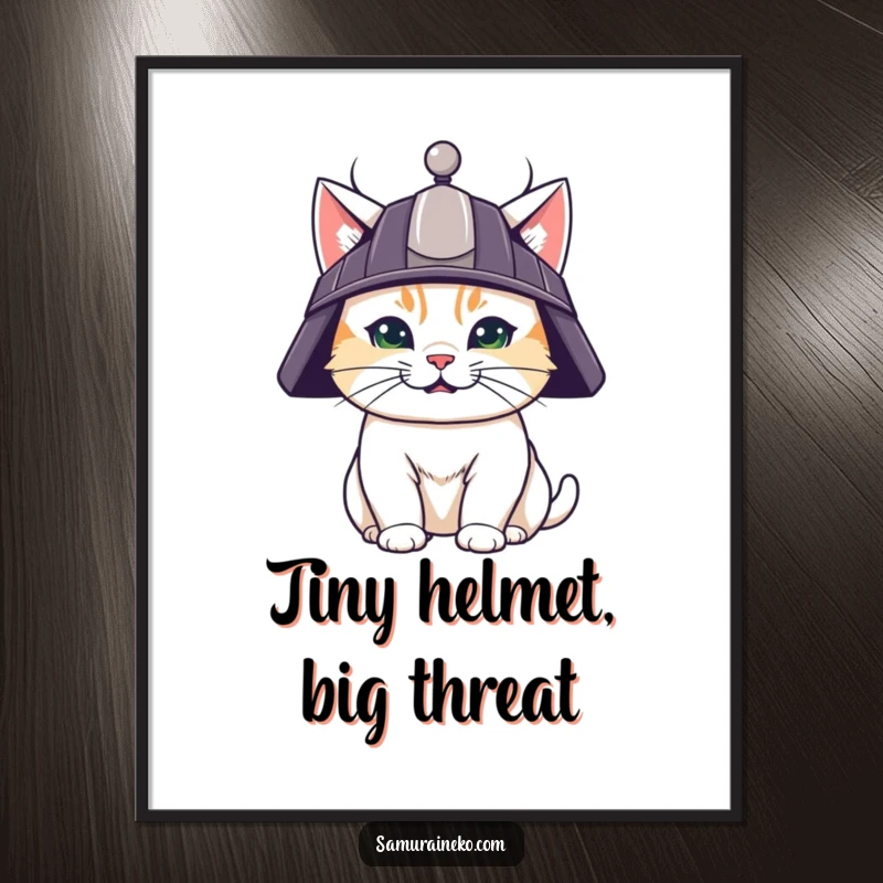 Funny digital art print of a determined cat in a samurai helmet, embodying warrior spirit with a humorous, bold edge.
