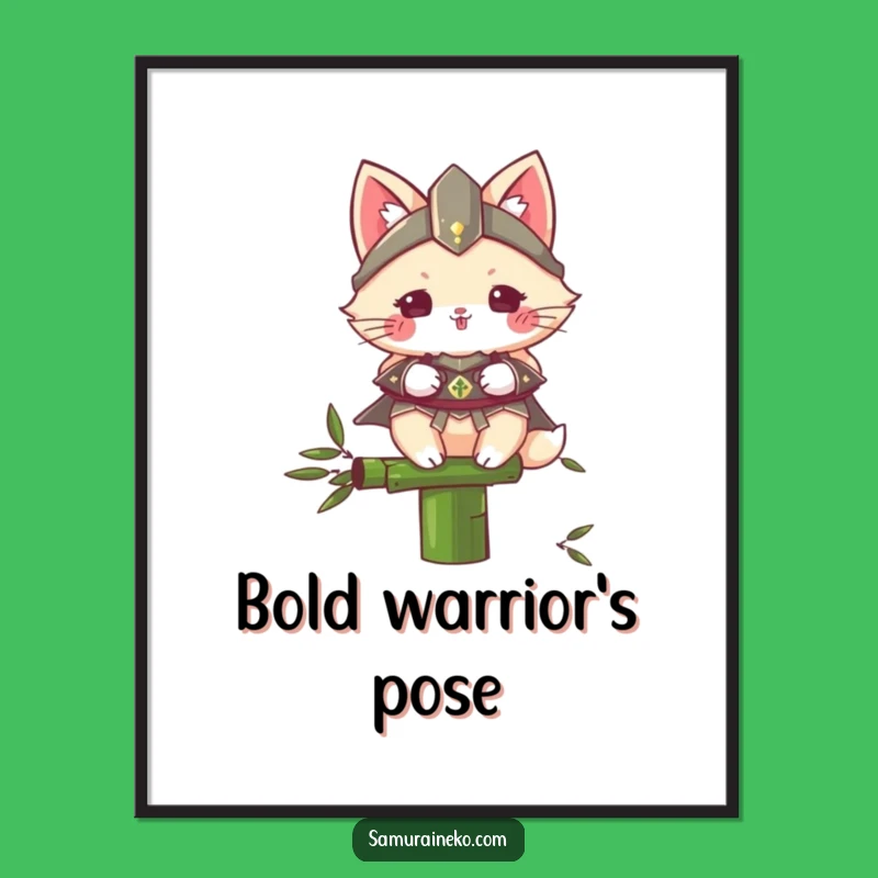 Funny Samurai Cat Digital Art: Fluffy Warrior on Bamboo, Humorous Instant Download