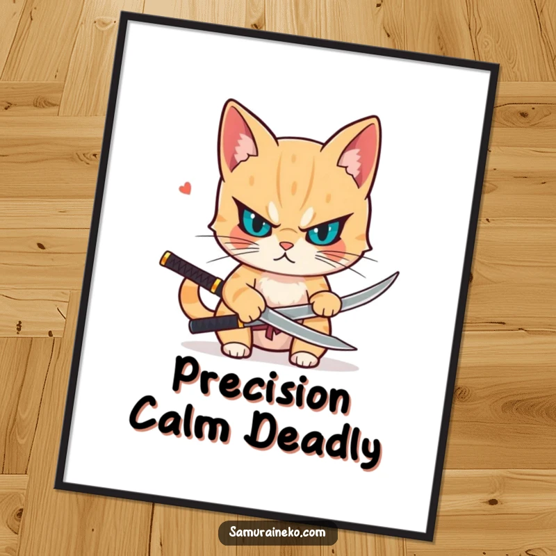 Funny digital art print of a determined cat drawing a small katana, embodying sharp focus, readiness, and a touch of playful danger.