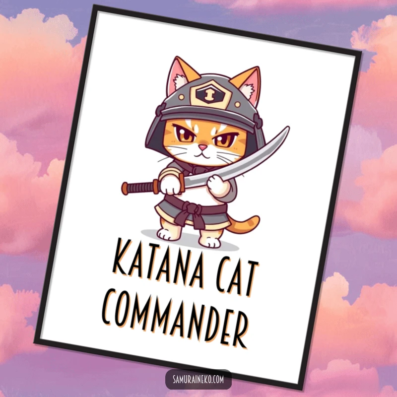 Funny digital art print of a cat in a helmet, bravely unsheathing a small katana, offering instant humorous decor with feline warrior charm.