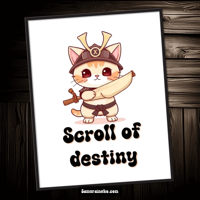 Funny cat in samurai helmet holding a scroll, high-resolution digital art, beautiful funny gift.