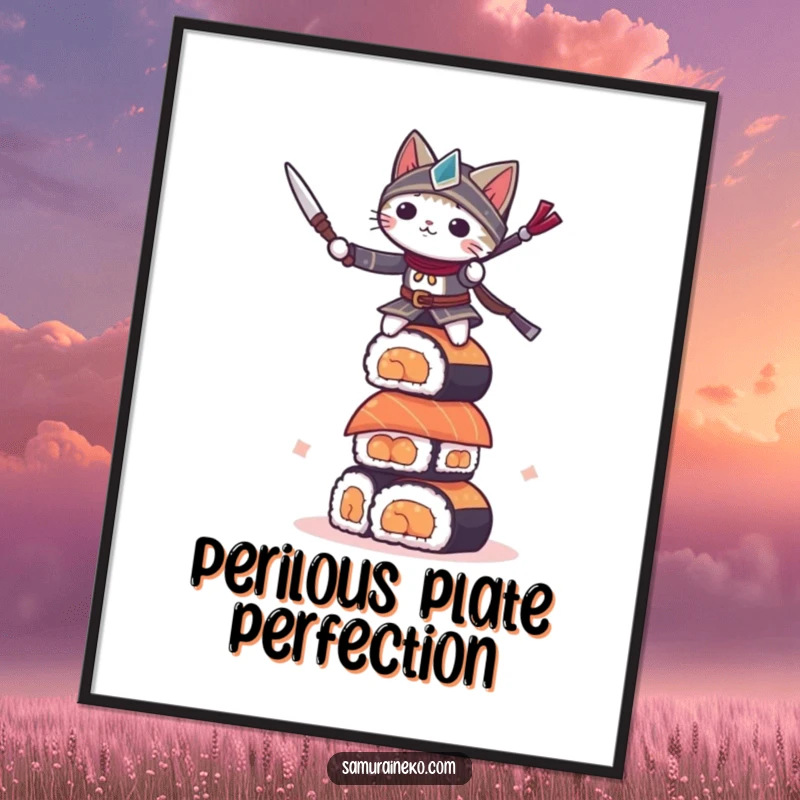Funny small cat warrior balancing on a precarious sushi tower, an instantly downloadable piece of epic and humorous art.