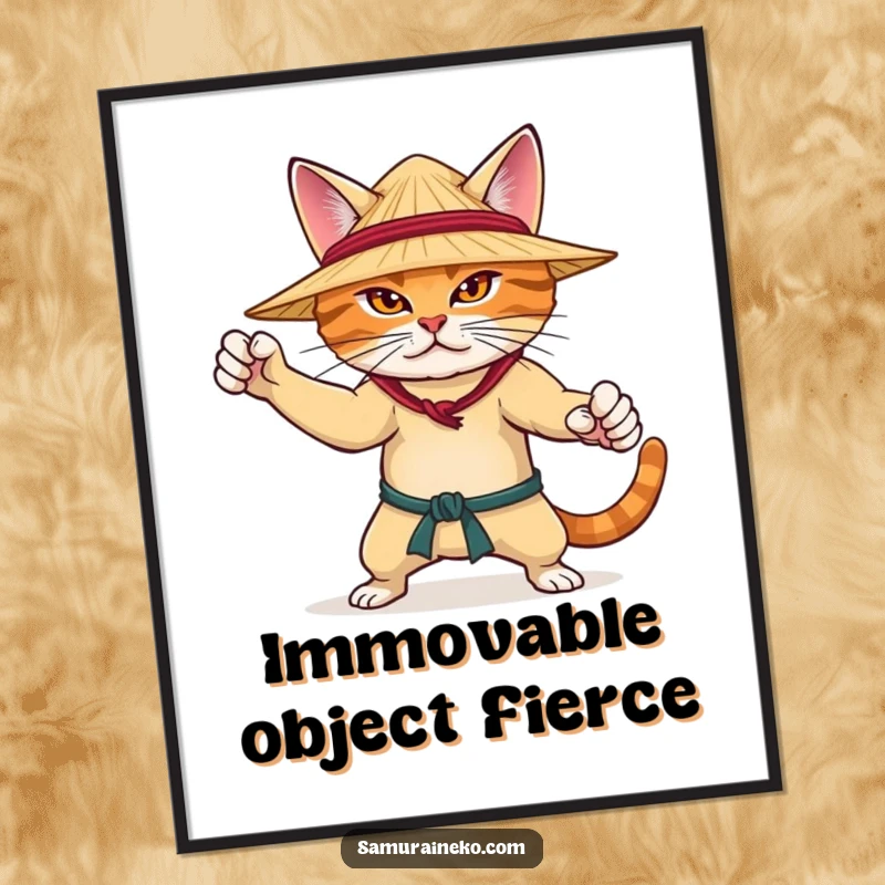 Funny digital art print of a determined cat wearing a straw hat, striking a martial arts pose, exuding focus and playful energy.