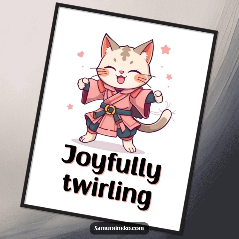 Funny digital art print of a joyful feline samurai performing a celebratory spin. A dynamic piece for gifting.