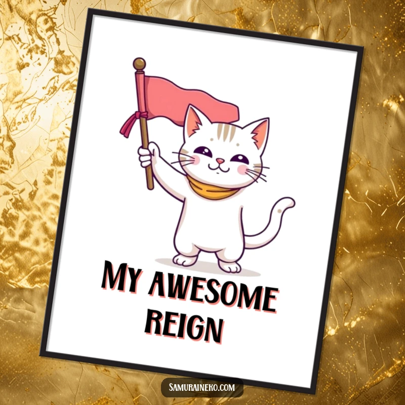 Funny digital art print of a valiant cat in a heroic pose, holding a banner high, perfect for adding funny, epic decor.