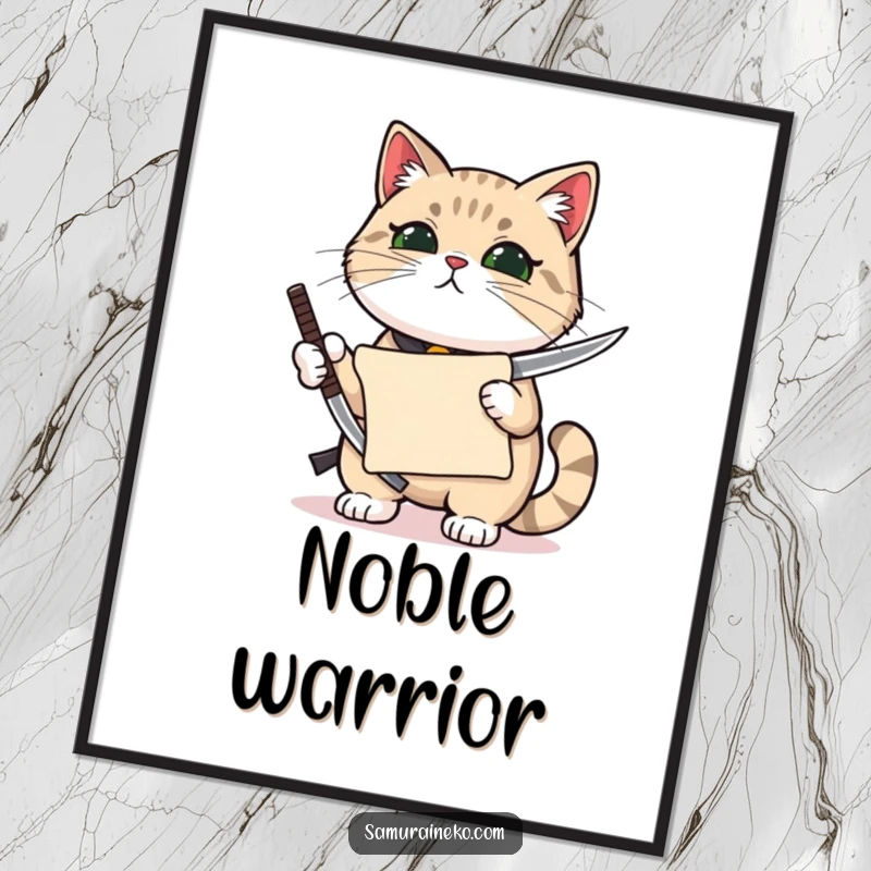 Funny cat holding a miniature katana with pride and a tiny scroll, a high-resolution digital art print.