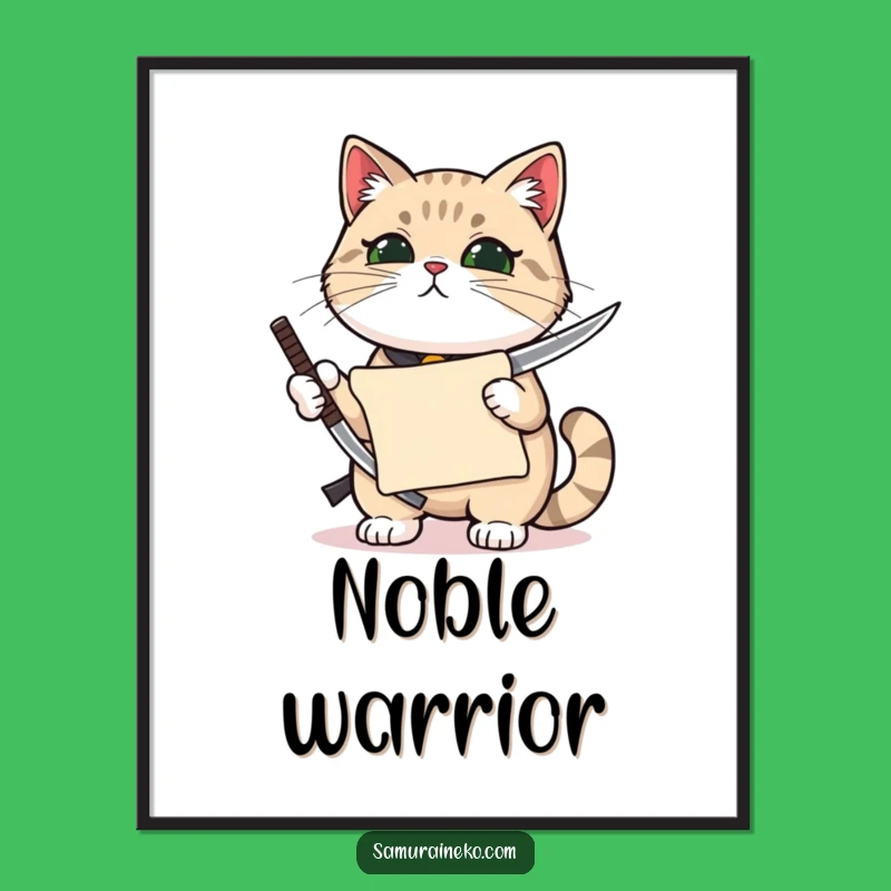 Funny Proud Cat Katana Digital Art: Miniature Warrior Feline Print