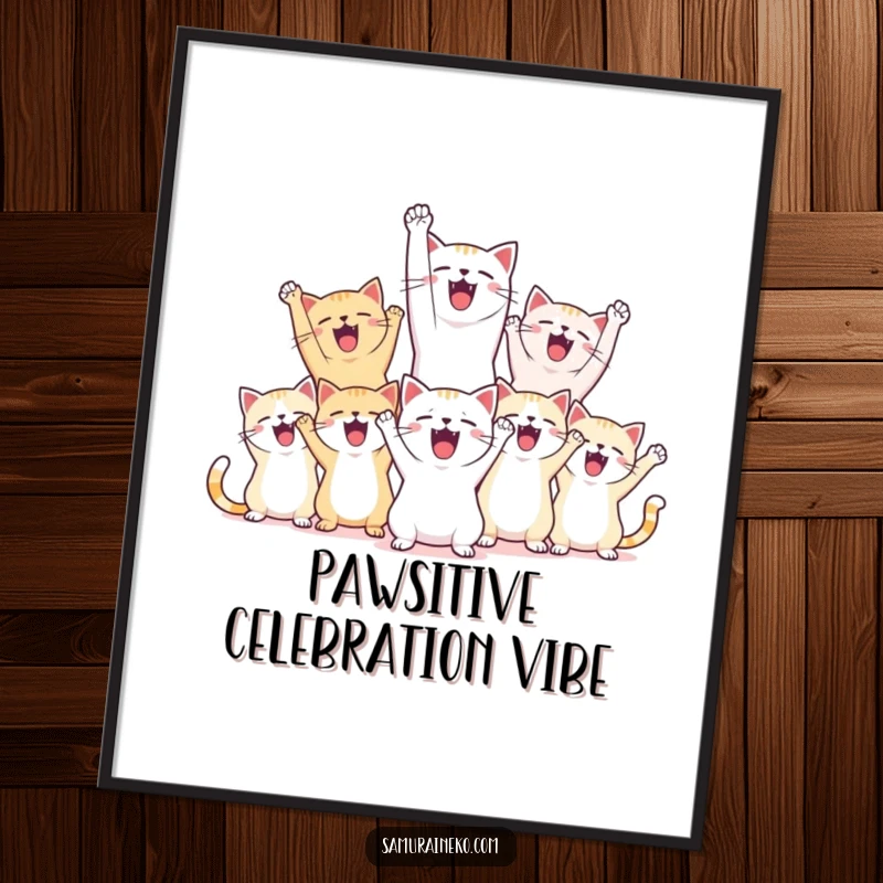 Funny digital art of ecstatic cats cheering with raised paws and happy shouts, celebrating victory joyfully.