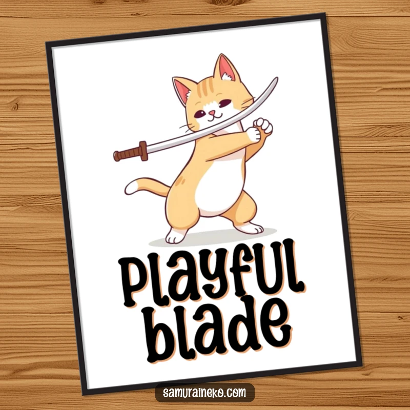 Funny cat samurai performing a swift sword flourish, captured in a digital art print for humorous home decor.