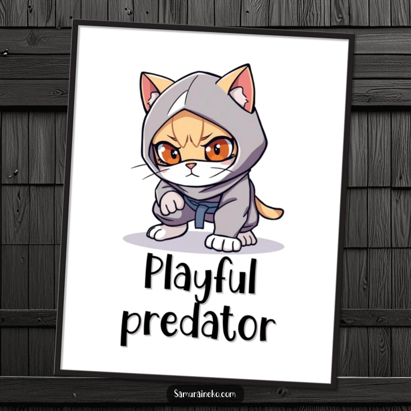 Funny cat ninja art print, crouched low, ready to pounce, playful eyes, instant funny gift.