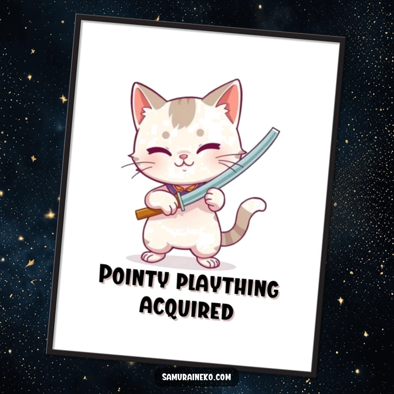 Funny digital art print of a cat intensely holding a miniature bamboo sword, capturing playful energy and dynamic action.