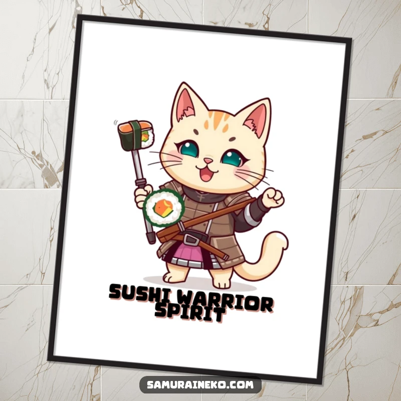Funny Samurai Cat Digital Art Print: An artistic rendering of a cat in samurai armor holding a sushi roll, perfect for humorous decor.