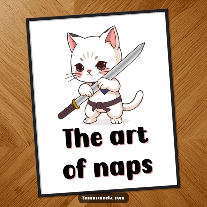 Funny cat character dramatically sheathing a minuscule katana with pride, high-resolution digital art print for instant wall decor.