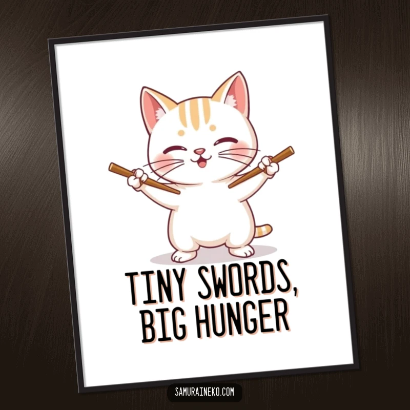 Funny Cat Digital Art Print: A grinning cat holds chopsticks like swords, ready for a humorous display.