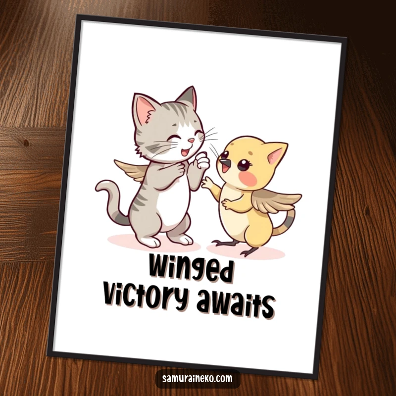 Funny digital art: a cat playfully sparring with a small, fluttering sparrow, capturing a humorous moment for wall decor.