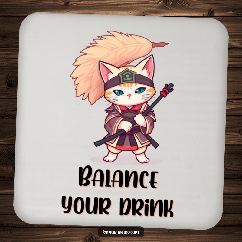 Funny cat samurai balancing a giant feather on its head, featured on coasters to add a touch of serene flair.