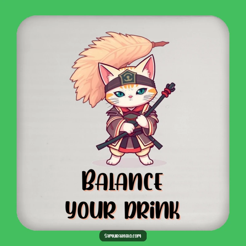 Funny Cat Samurai Coaster Set - Feather Balance Zen Protectors