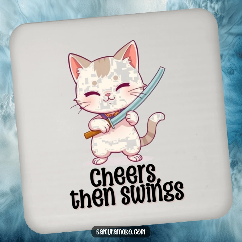Funny drink coaster with a cat brandishing a miniature bamboo sword, offering protection with playful intensity.