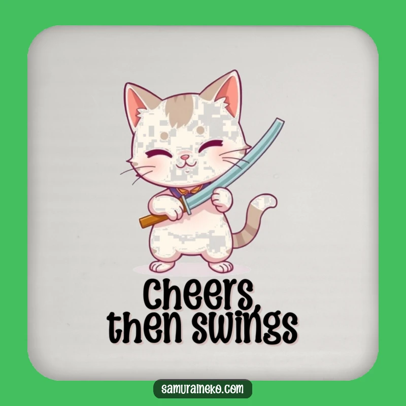 Funny Bamboo Sword Cat Coaster: Playful Intense Feline, Drink Protector Gift