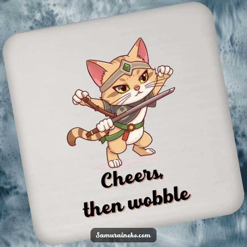 Funny drink coaster with a cat warrior attempting a dramatic pose and slightly losing balance, offering protection with humor.