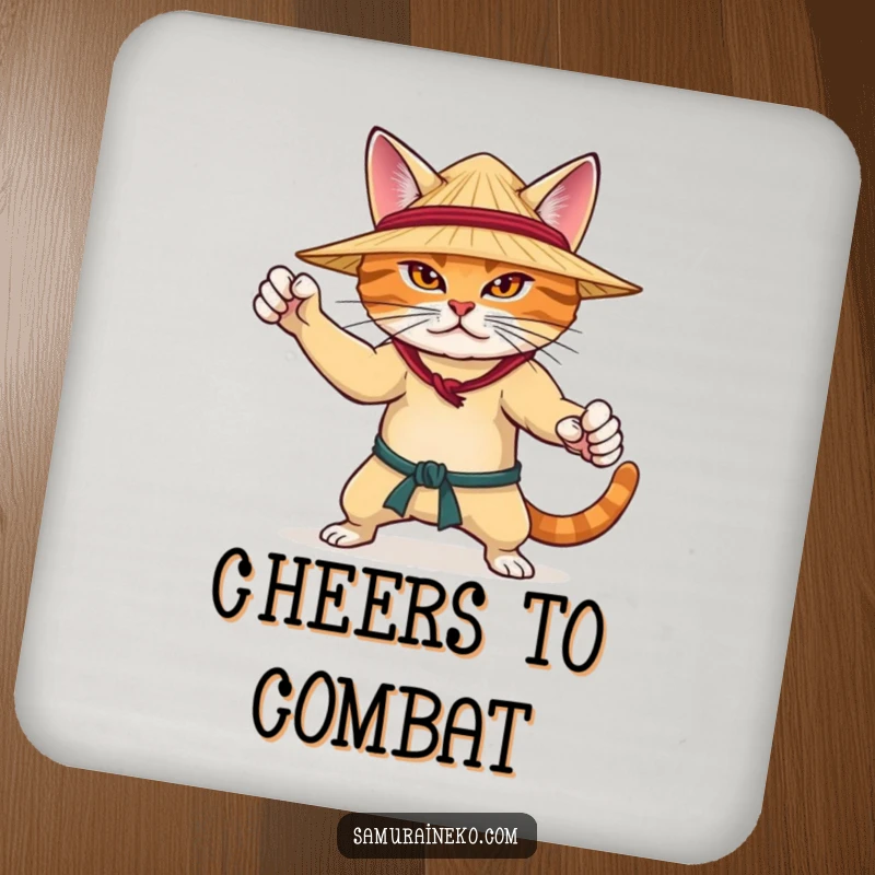 Funny drink coaster with a determined cat in a martial arts pose wearing a straw hat, adding humor and surface protection.