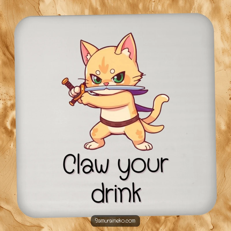 Funny drink coasters featuring a cat warrior with a sword, protecting surfaces in a playful battle.