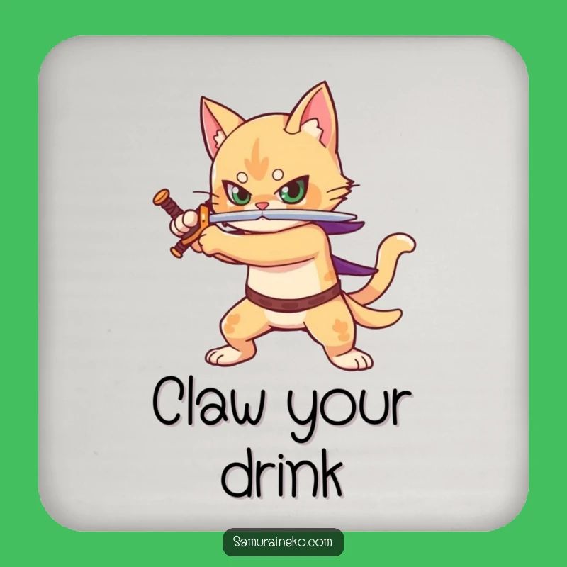 Funny Coaster Set: Cat Warrior Sword - Protect Tables, Hilarious Feline Art
