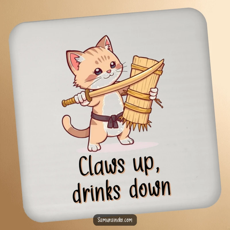 Funny drink coasters with a cat humorously sparring with a straw dummy, protecting surfaces with a dose of comedic feline action.