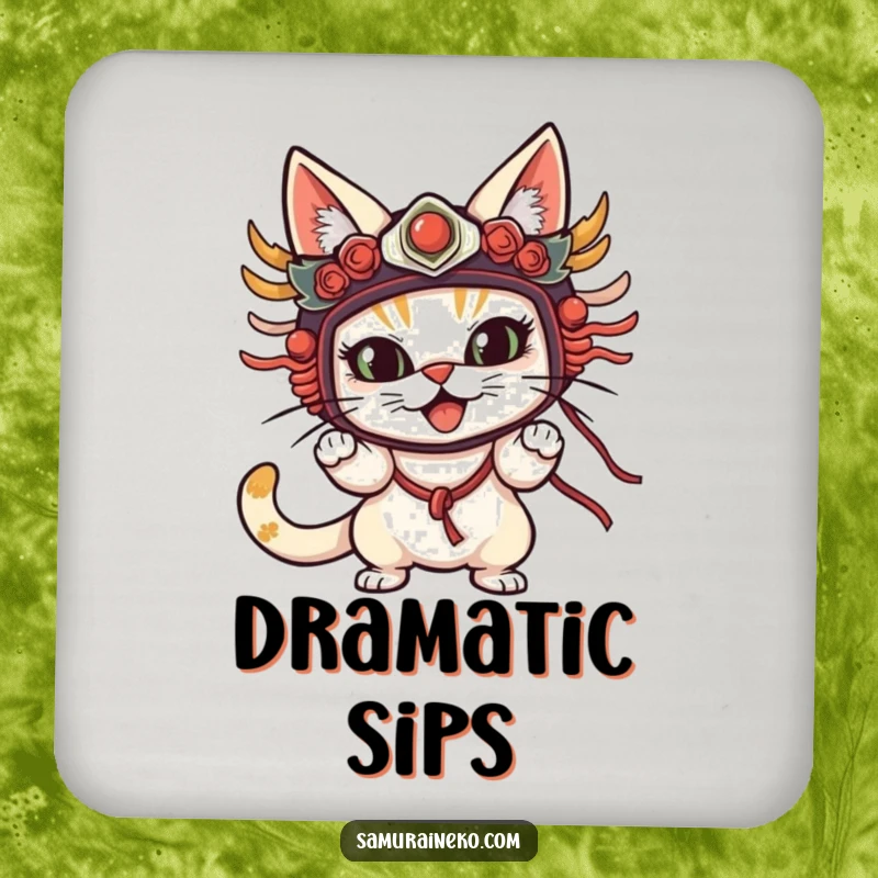 Funny Cat Mask Coaster featuring a cat in a traditional mask striking a comical pose, protecting surfaces with playful elegance.