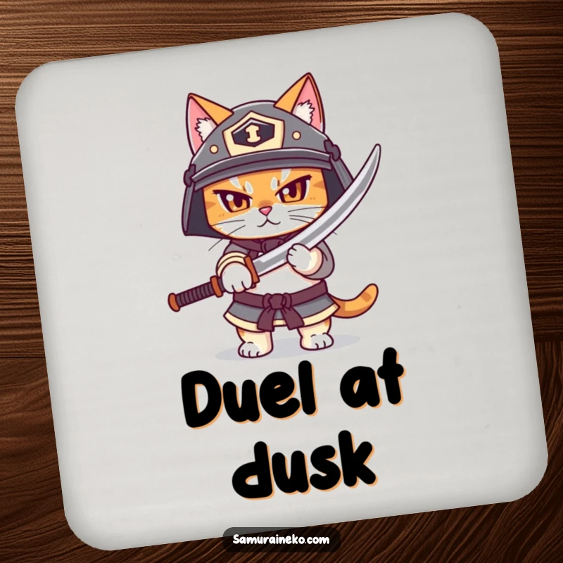 Funny drink coaster featuring a determined cat in a helmet, unsheathing a small katana, protecting furniture with feline warrior humor.